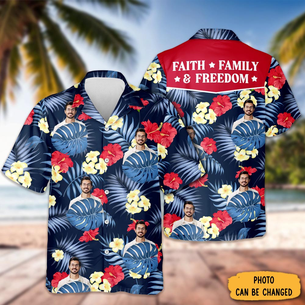 Personalized Photo Faith Family Freedom 1776 2026 Hawaiian Shirt Patriotic Clothes 4Th Of July Presents