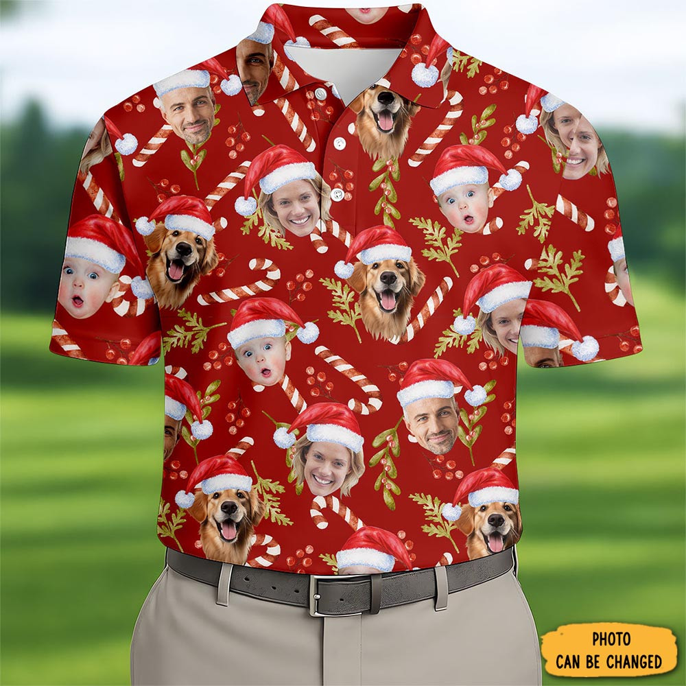 Personalized Photo Family Christmas Polo Shirt Candy Canes Golf Shirt Golf Gifts For Boyfriend