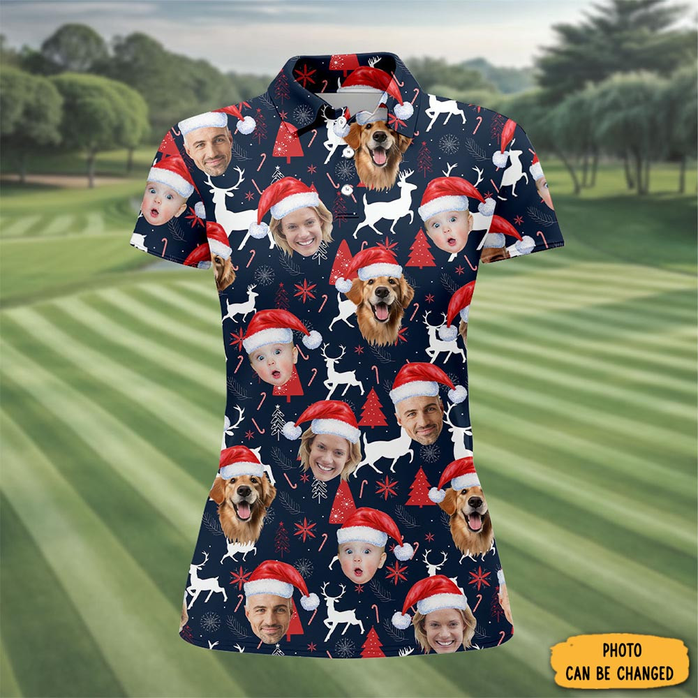 Personalized Photo Family Christmas Polo Shirt Golf Tops Winter Apparel Golf Gifts For Women