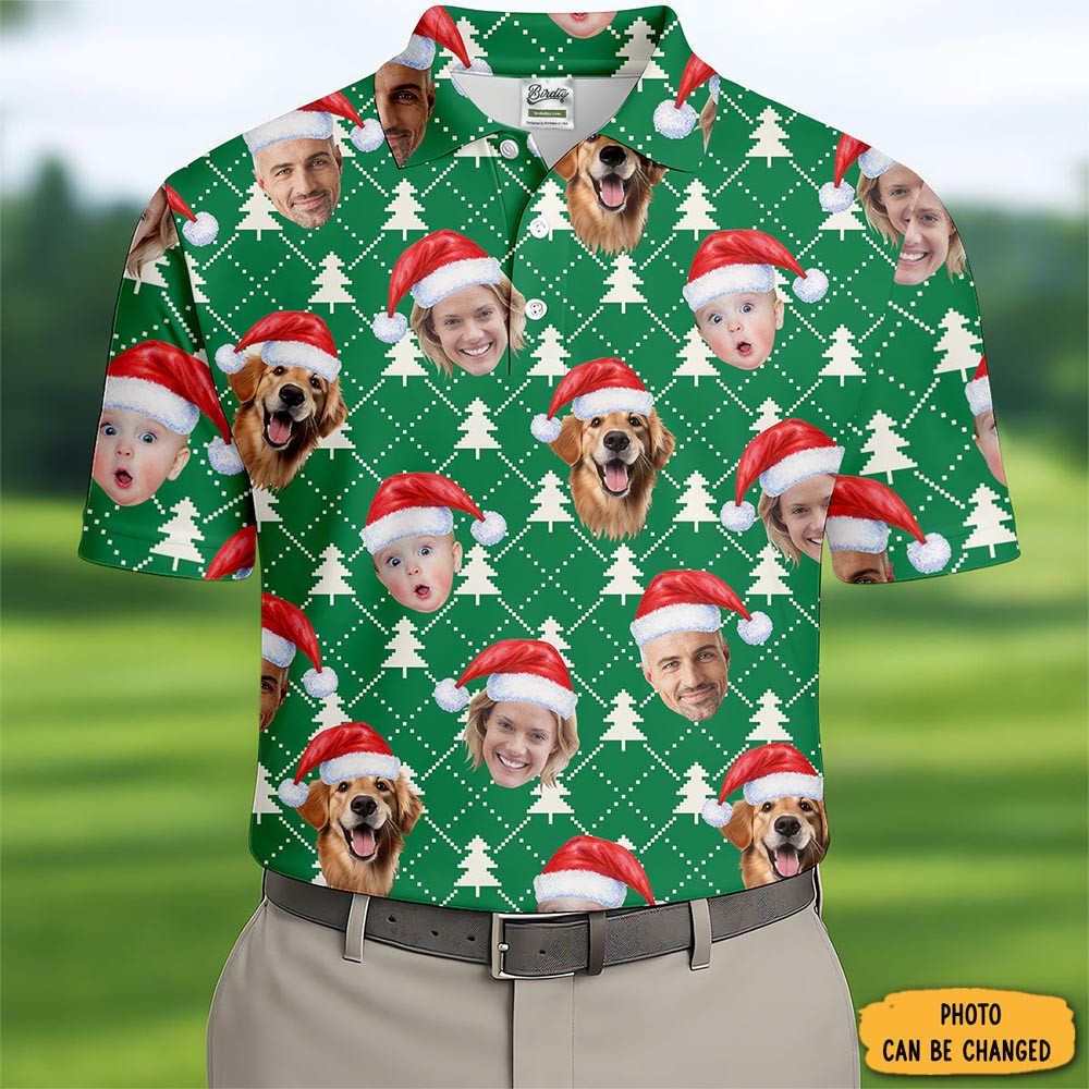 Personalized Photo Family Christmas Polo Shirt Pine Tree Golf Shirt Cool Christmas Gifts