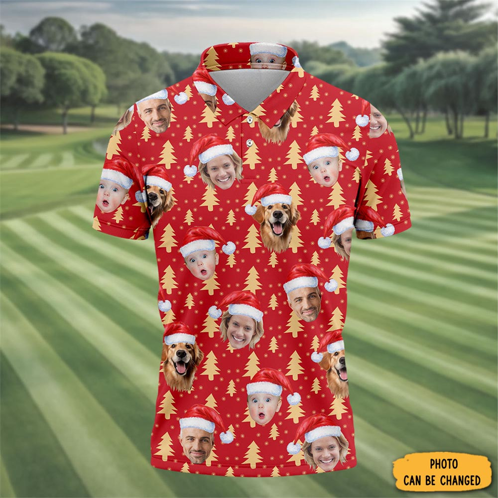 Personalized Photo Family Christmas Polo Shirt Pine Tree Golf Shirt Funny Golf Gifts