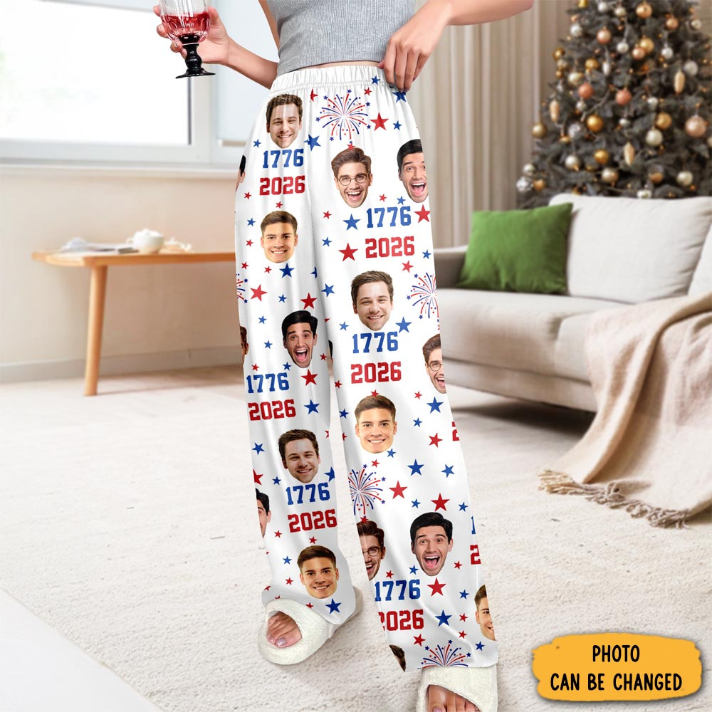 Personalized Photo Firework USA Red White Blue Sweatpants 1776 2026 Merch Patriotic Gift For Her