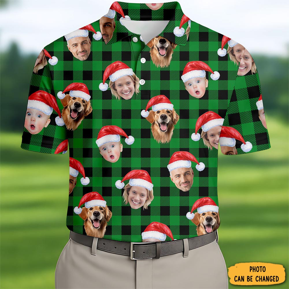 Personalized Photo Green Plaid Christmas Polo Shirt Golf Addict Christmas Gifts For Him