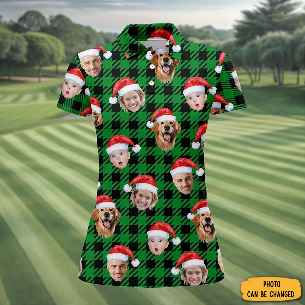 Personalized Photo Green Plaid Christmas Polo Shirt Golf Fashion Golf Shirt Best Golf Gifts