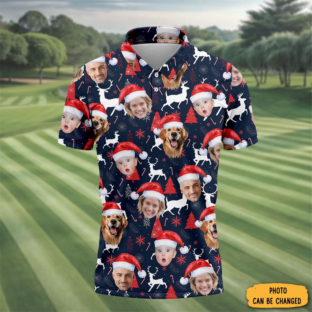 Personalized Photo Happy Christmas Golf Polo Shirt Merry Christmas Wear Golfer Presents