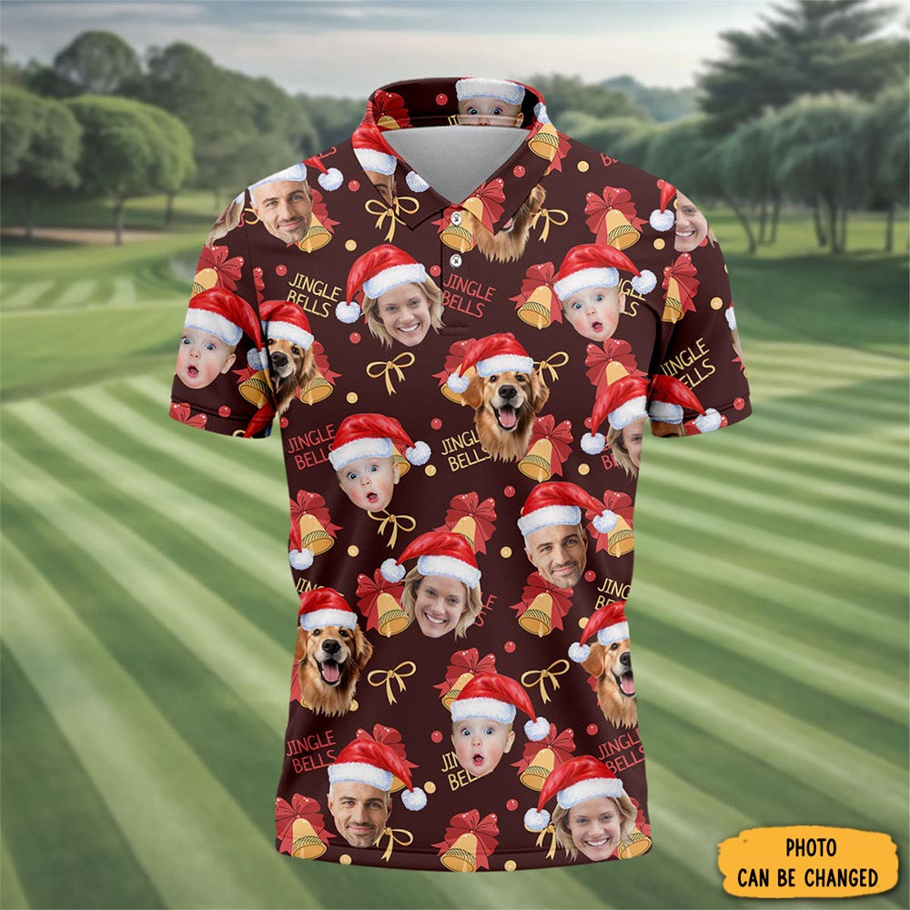 Personalized Photo Jingle Bell Christmas Polo Shirt Winter Apparel Funny Christmas Gifts