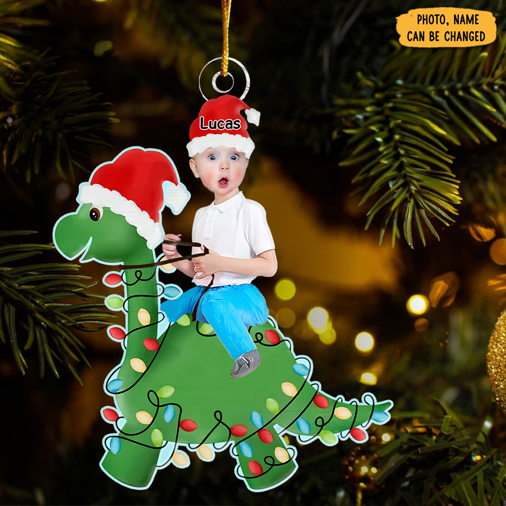 Personalized Photo Kid Rides The Dinosaur Christmas Ornament Holiday Home Decor Santa Gifts