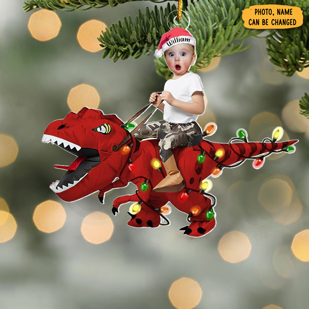 Personalized Photo Kid Rides The Dinosaur Christmas Ornament Tree Decor Xmas Gifts For Kids