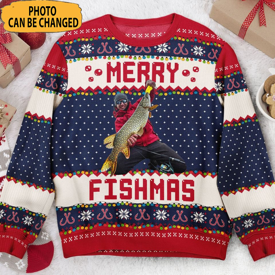 Personalized Photo Merry Fishmas Ugly Sweater Funny Christmas Sweater Gift For Fishing Lovers