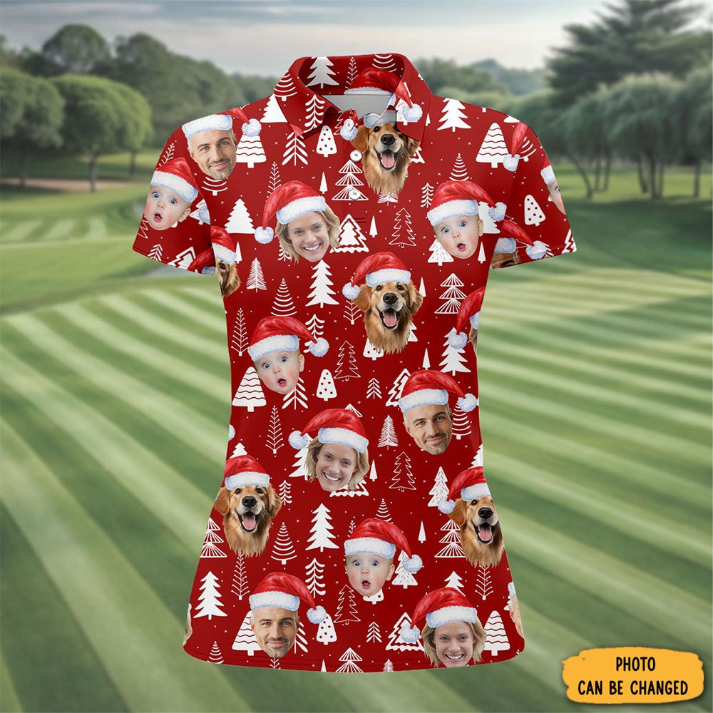 Personalized Photo Pine Tree Christmas Polo Shirt Winter Apparel Golf Gifts For Her