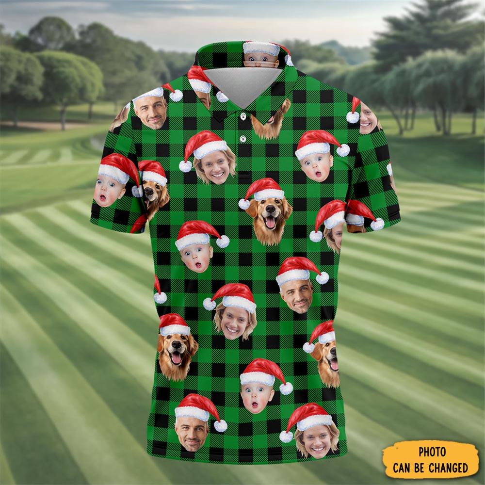Personalized Photo Plaid Christmas Polo Shirt Golf Merch Winter Holiday Outfit