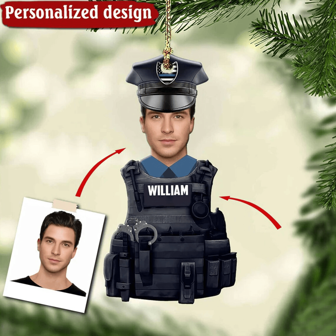 Personalized Photo Police Ornament Christmas Police Caricature Ornament Gift For Police Dad Shape 2sided Print Acrylic Ornament