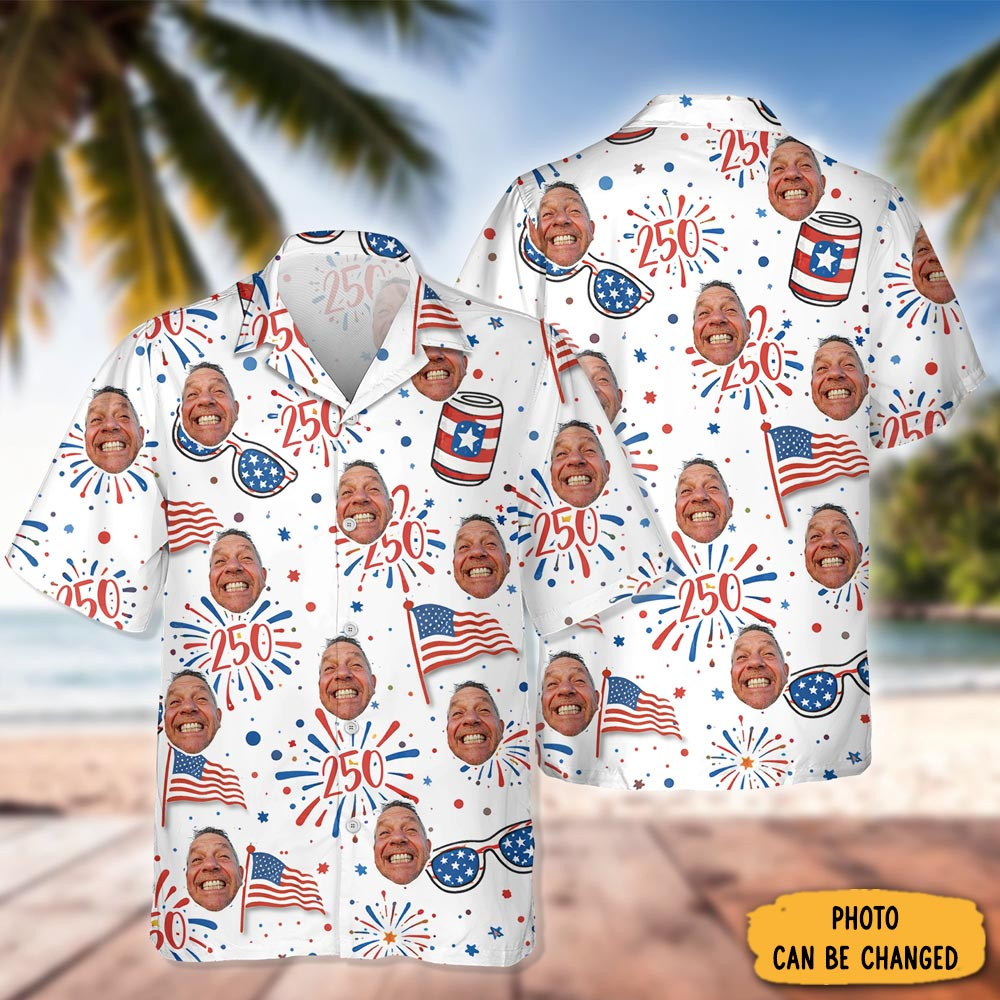 Personalized Photo Usa 250th Anniversary Floral American Flag Hawaiian Shirt Patriotic Clothes
