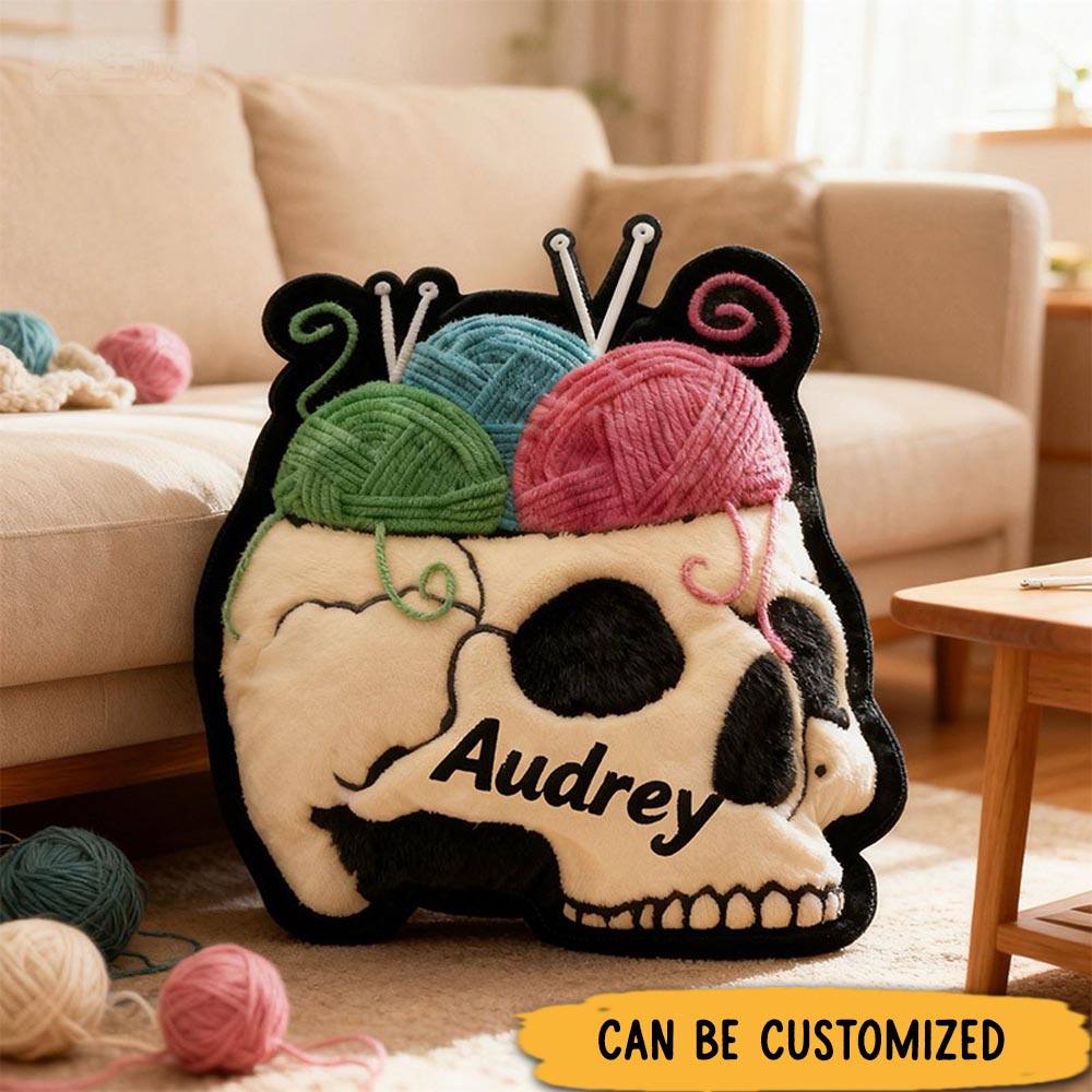Personalized Pillow Graphic 3D Print Skull Yarn with Custom Name Gift for Edgy Knitters