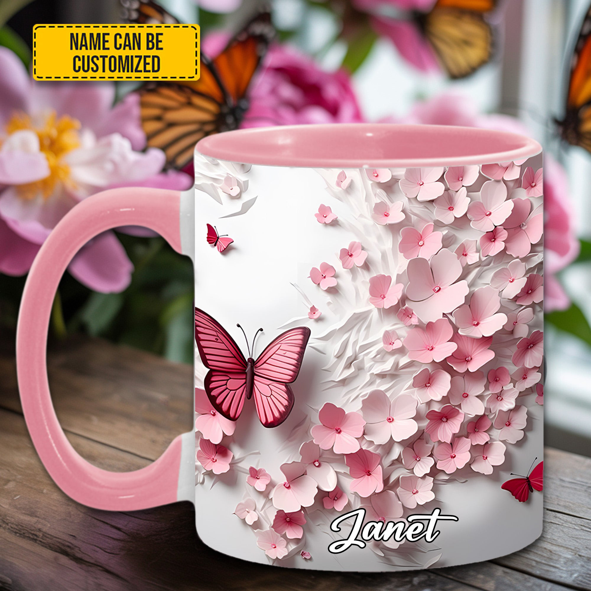 Personalized Pink Butterfly With Flowers Mug Christmas Gifts For Butterfly Collectors