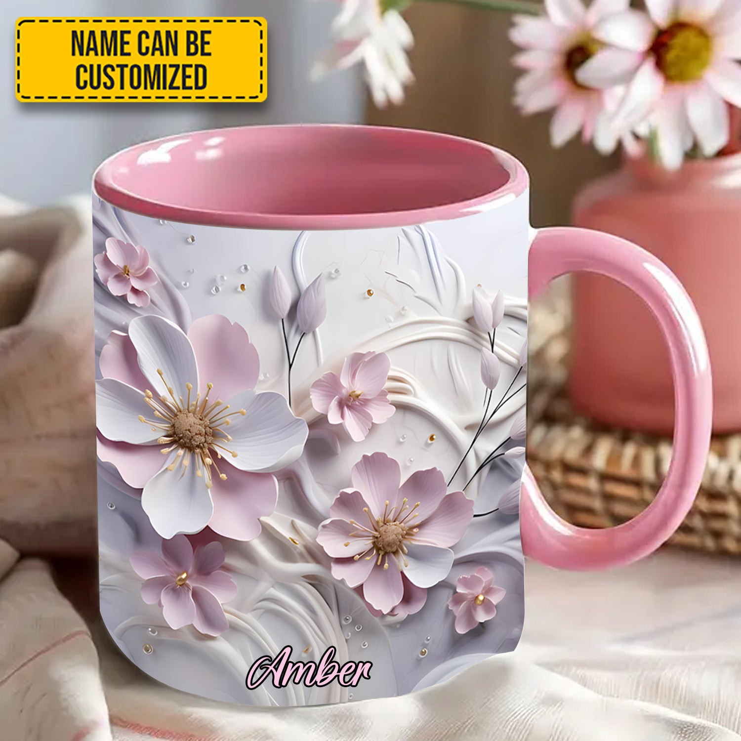 Personalized Pink Flower Mug Floral Coffee Mugs Christmas Gifts For Flower Enthusiasts