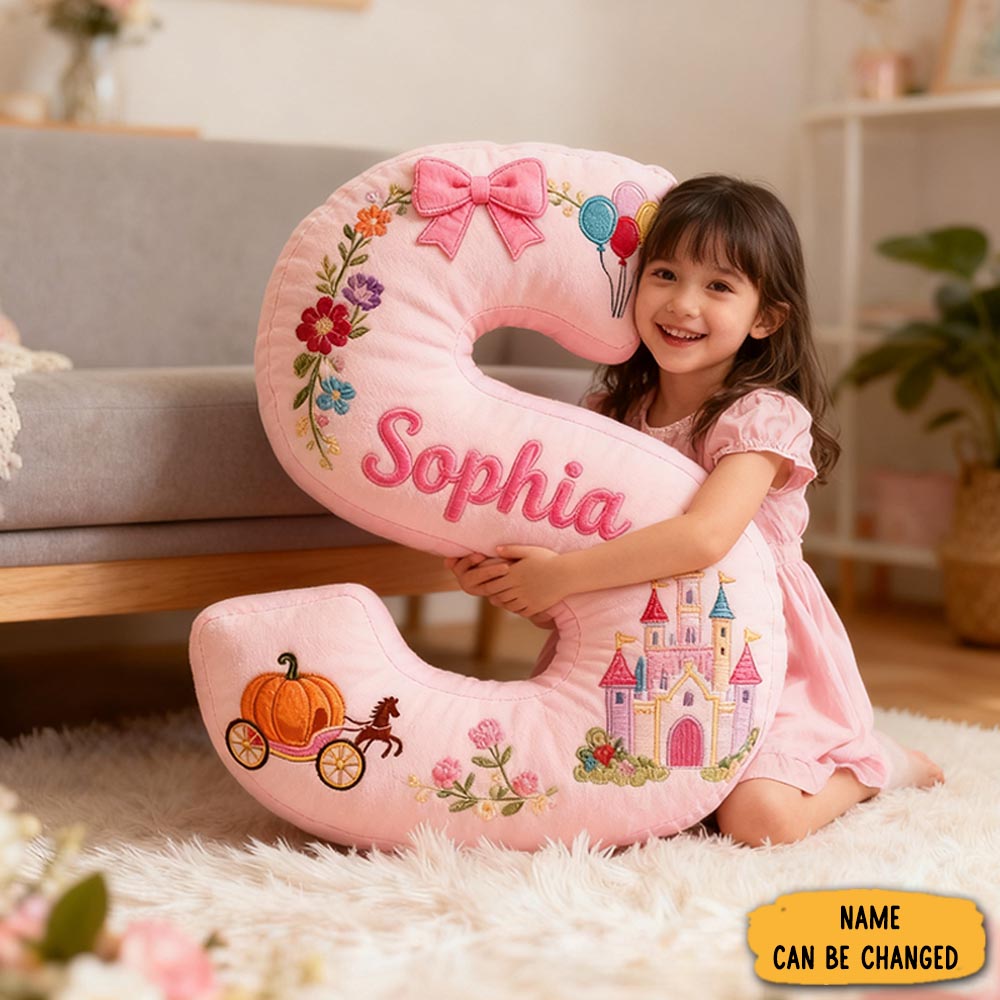 Personalized Pink Letter Christmas Gift Pillow With Castle Pumpkin Carriage Rainbow For A Fairytale Inspired Design Graphic 3d Print Pillow