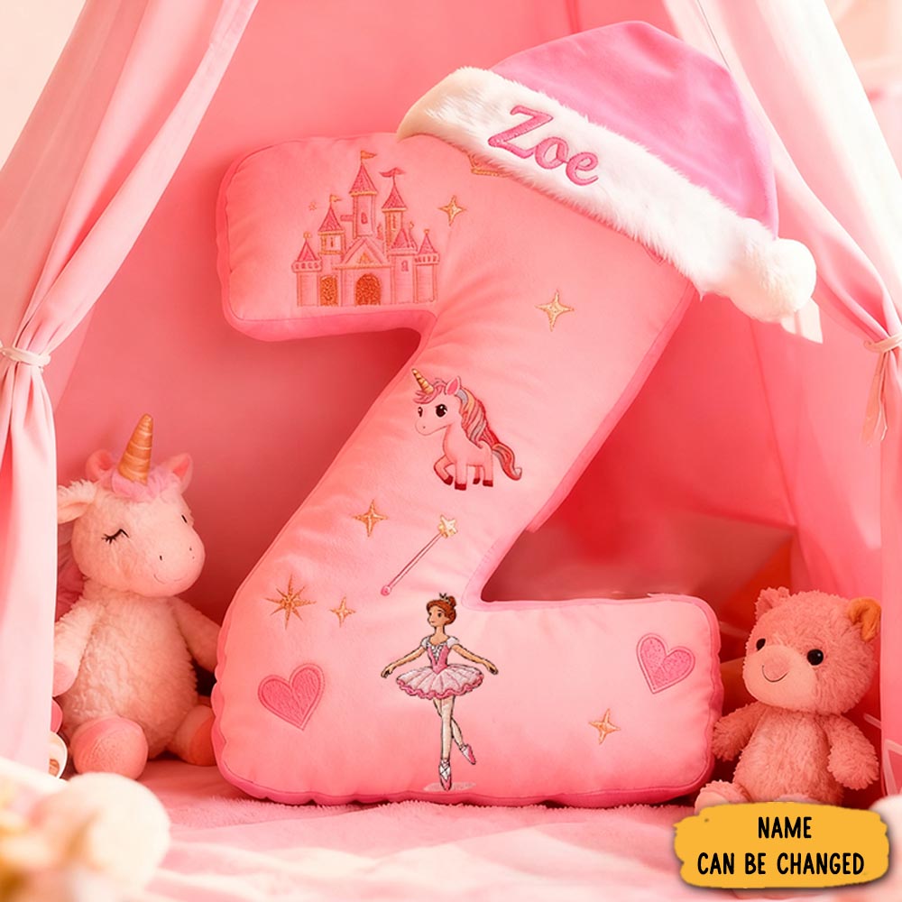 Personalized Pink Letter Pillow With Santa Hat Unicorn Castle Ballerina Stars And Fairytale Inspired Design Magic Graphic 3d Print Pillow