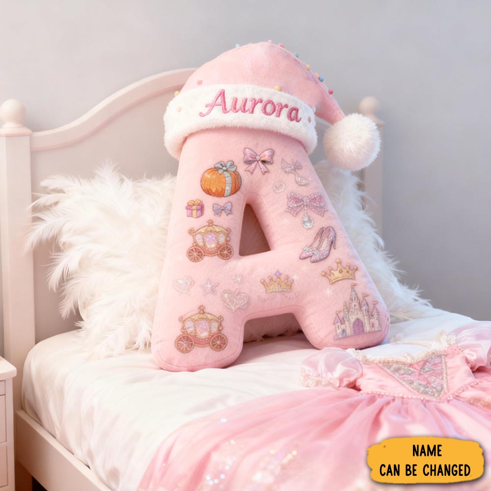 Personalized Pink Letter Pillow With Santa Hat Unicorn Castle Crown Glass Slipper Pumpkin Carriage Bows And Fairytale Magic Graphic 3d Print Pillow