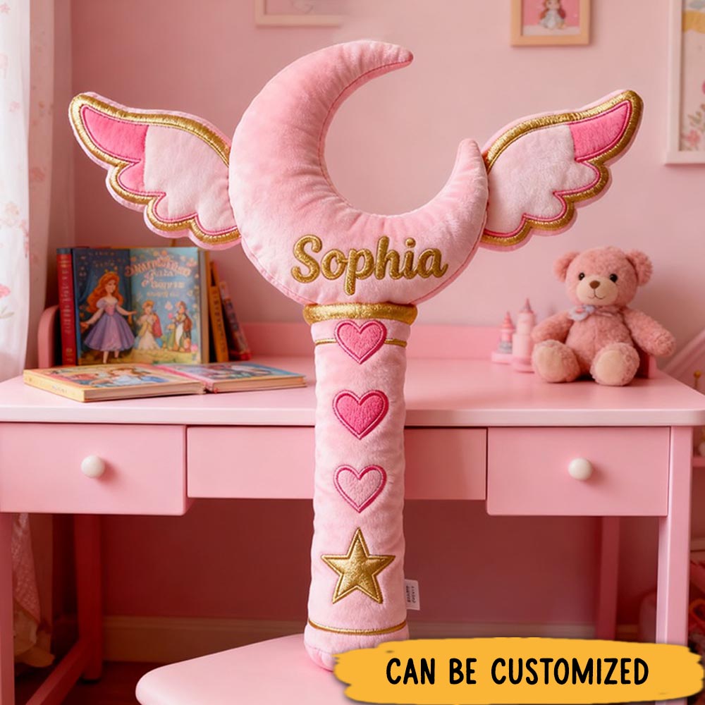 Personalized Pink Magic Wand Pillow with Wings Hearts Gold Star, and Fairytale Design for a Whimsical and Enchanting Touch Graphic 3D Print Pillow