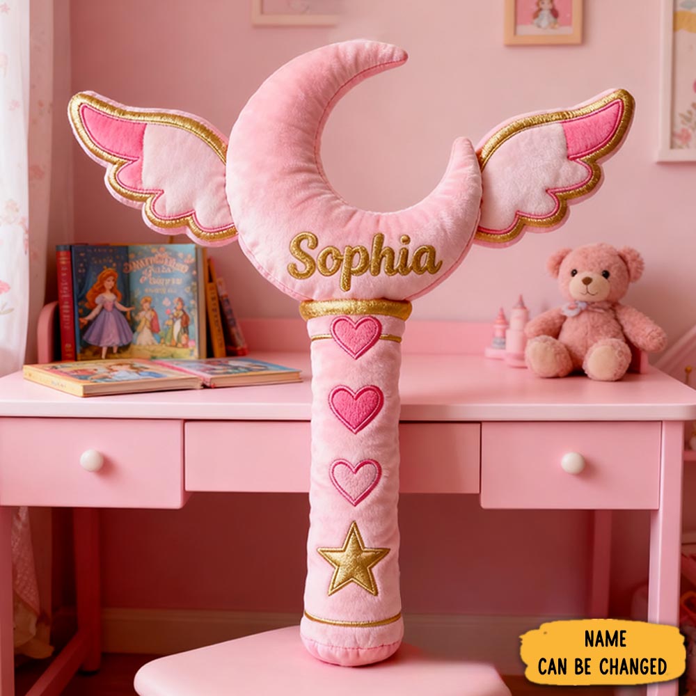 Personalized Pink Magic Wand Pillow With Wings Hearts Gold Star And Fairytale Design For A Whimsical And Enchanting Touch Graphic 3d Print Pillow