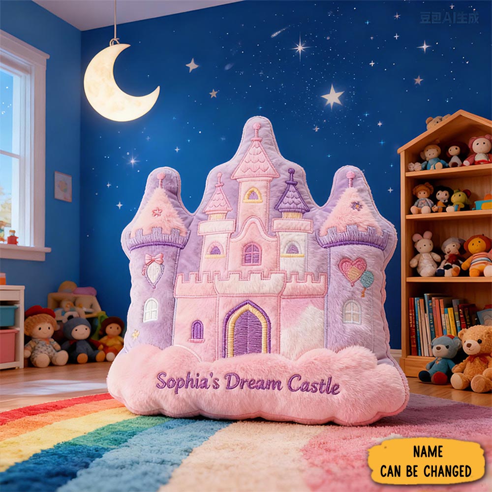 Personalized Pink Purple Castle Shape Custom Name Soft Decorative Gift Fairytale Princess Style Cozy Nursery Room Dream Magic Graphic 3d Print Pillow