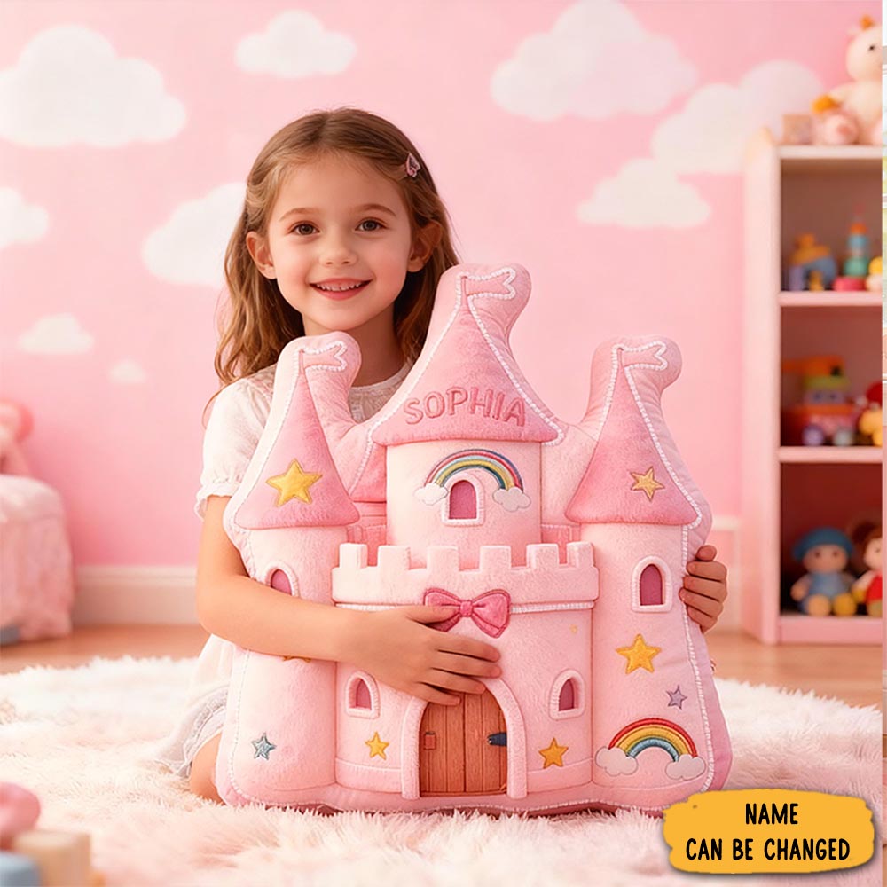 Personalized Pink Rainbow Castle Shape Custom Name Soft Decorative Gift Fairytale Princess Style Cozy Playroom Dream Star Graphic 3d Print Pillow