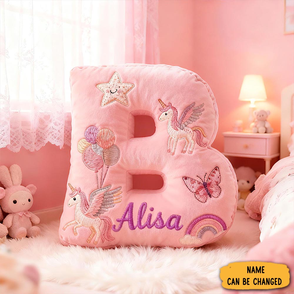 Personalized Pink Rainbow Letter Initial Custom Name Soft Decorative Gift Magical Girls Room Cozy Alphabet Shape Graphic 3d Print Pillow