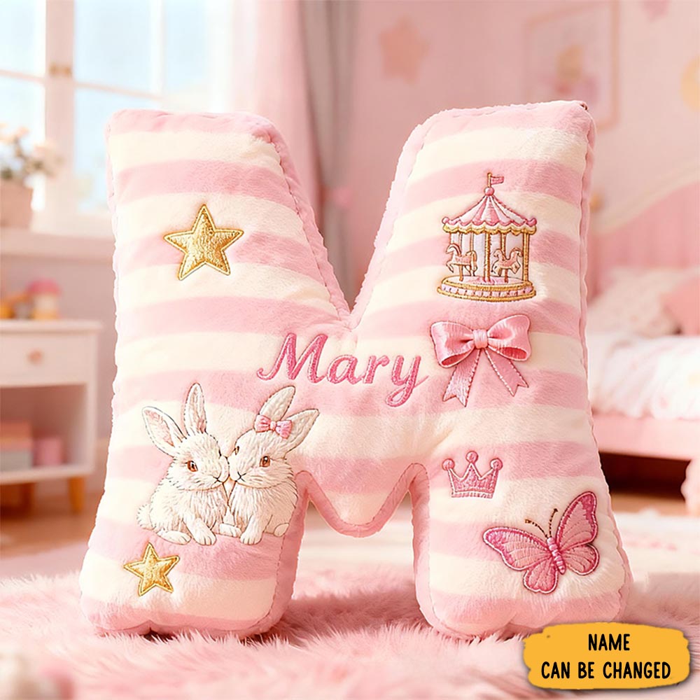 Personalized Pink Striped Bunny Star Butterfly Carousel Letter Initial Custom Name Soft Decorative Gift Cozy Girls Room Graphic 3d Print Pillows Pillow