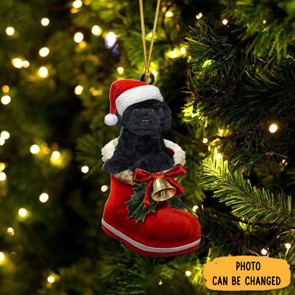 Personalized Poodle Black In Santa Boot Christmas Hanging Ornament Festive Holiday Ornament Collection Adorable Couple Ornament Gift Custom Christmas Ornament Gift Idea