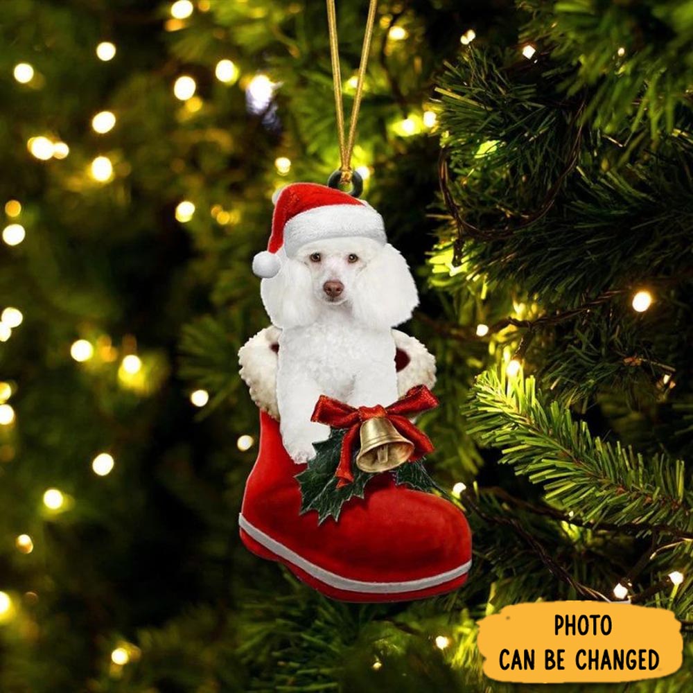Personalized Poodle White In Santa Boot Christmas Hanging Ornament Thoughtful Valentine Ornament Gift