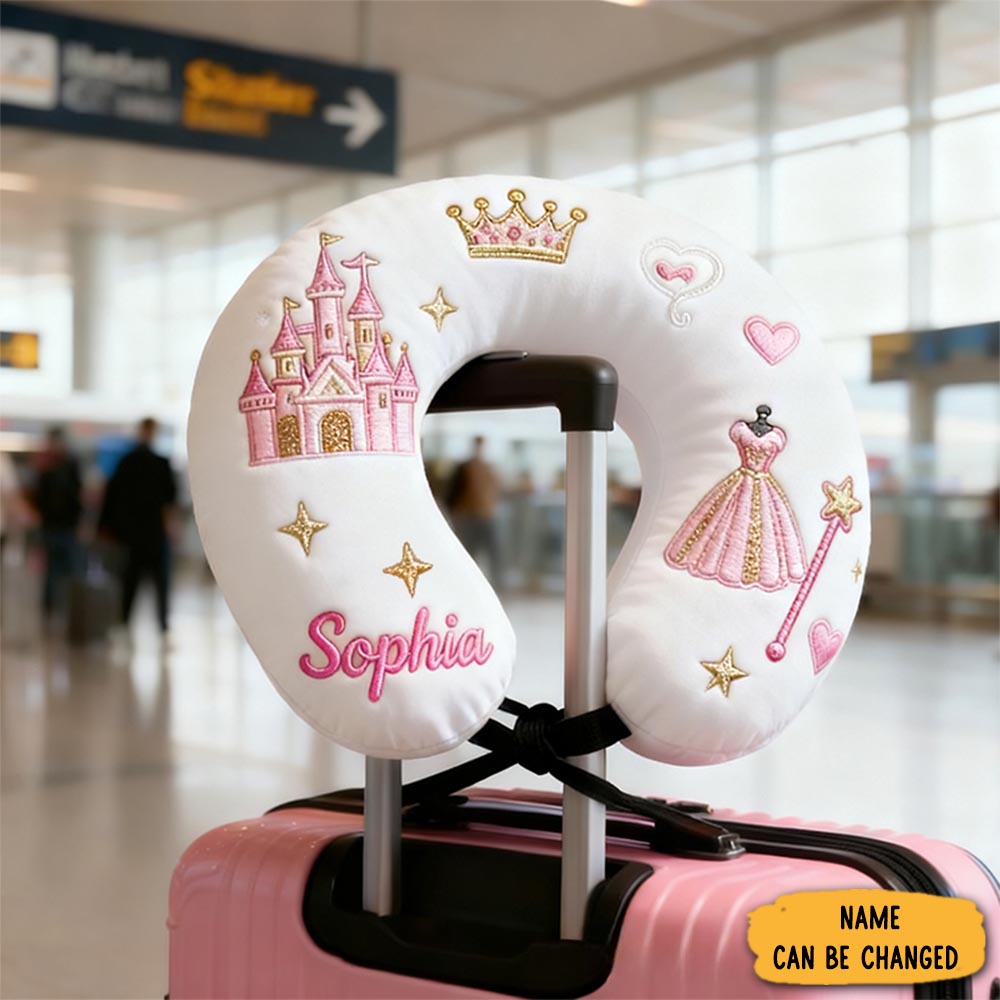 Personalized Princess Castle Crown Custom Name Soft Decorative Gift Fairytale Style Cozy Nursery Room Dream Pink Magic Comfort U Shaped Pillow