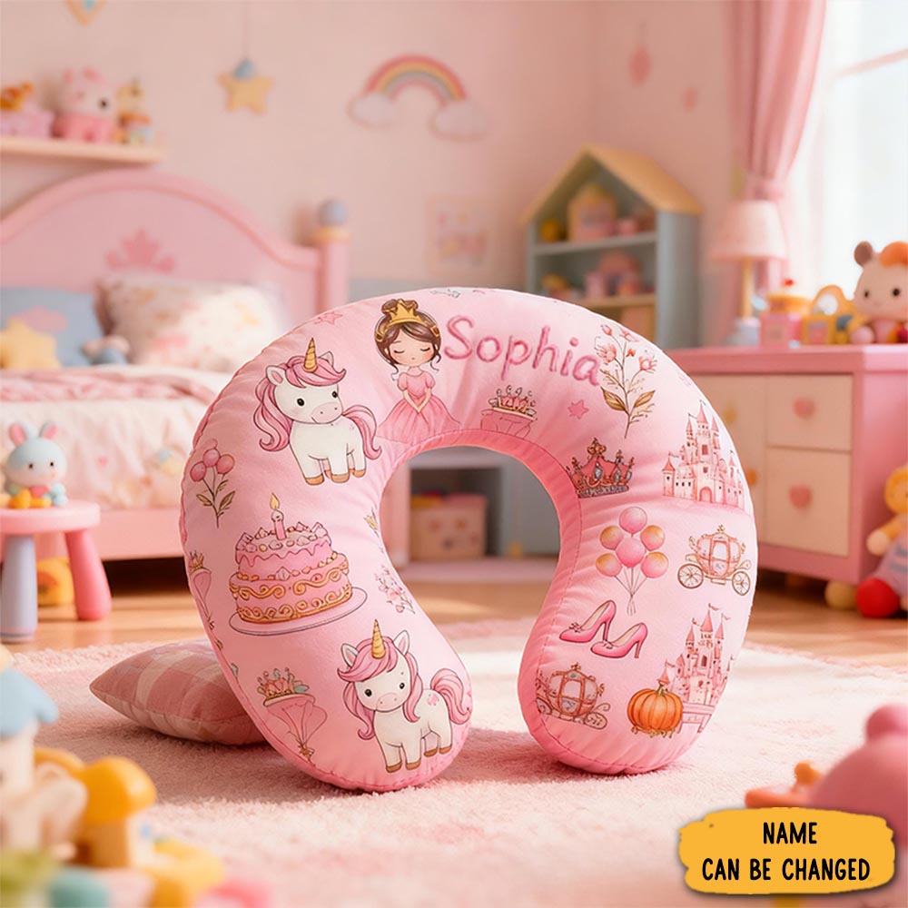 Personalized Princess Crown Custom Name Soft Travel Gift Fairytale Style Cozy Airplane Comfort Pink Magic Dream Cute U Shaped Pillow