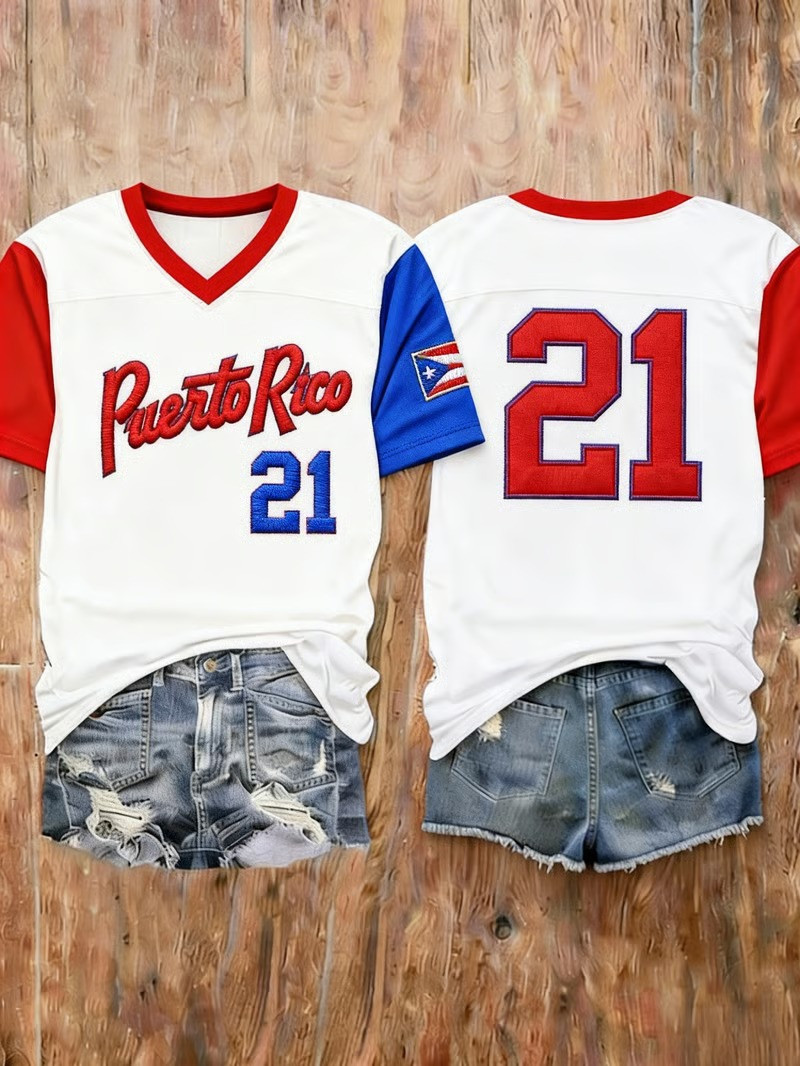 Personalized Puerto Rico WBC 2026 V-Neck Shirt Number 21 Clemente Fan Shirt Puerto Rican Gift For Supporters