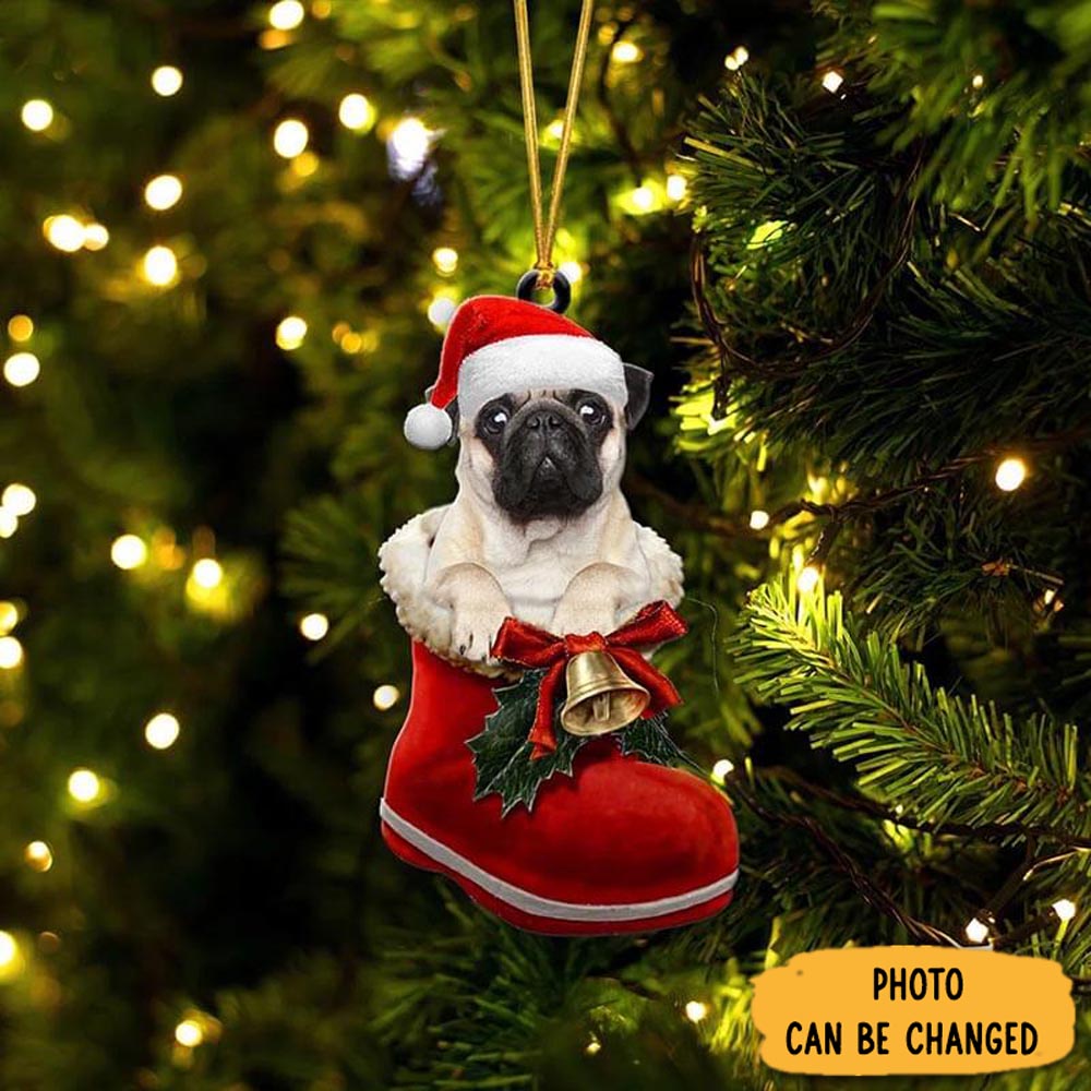Personalized Pug In Santa Boot Christmas Hanging Ornament Heartwarming Family Ornament Keepsake