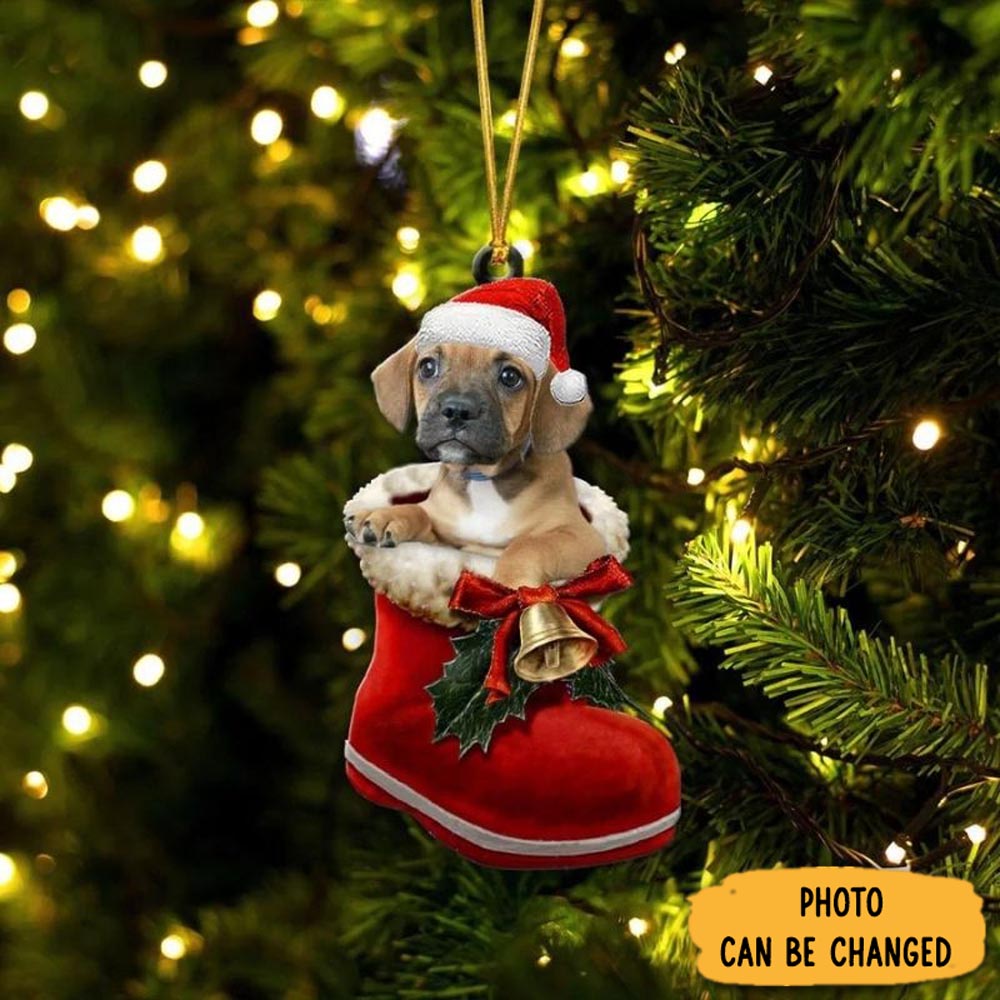 Personalized Puggle In Santa Boot Christmas Hanging Ornament Memorable Anniversary Ornament Keepsake