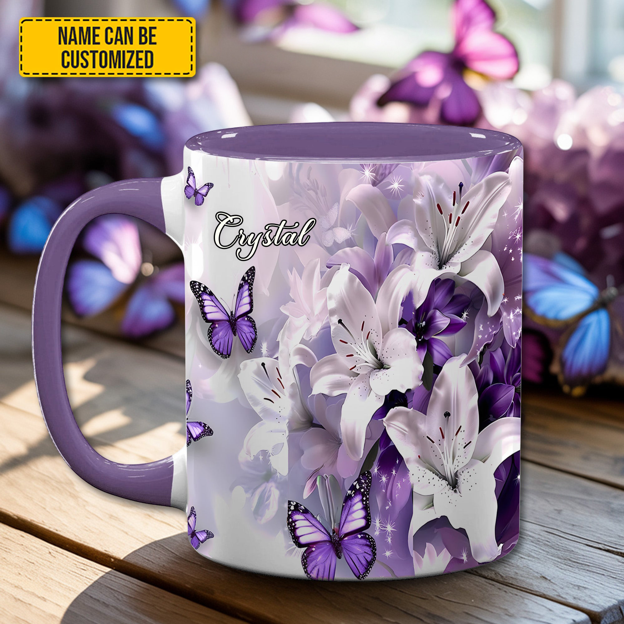 Personalized Purple Butterfly Flowers Mug Flower Design Custom Coffee Cups Gifts For Her