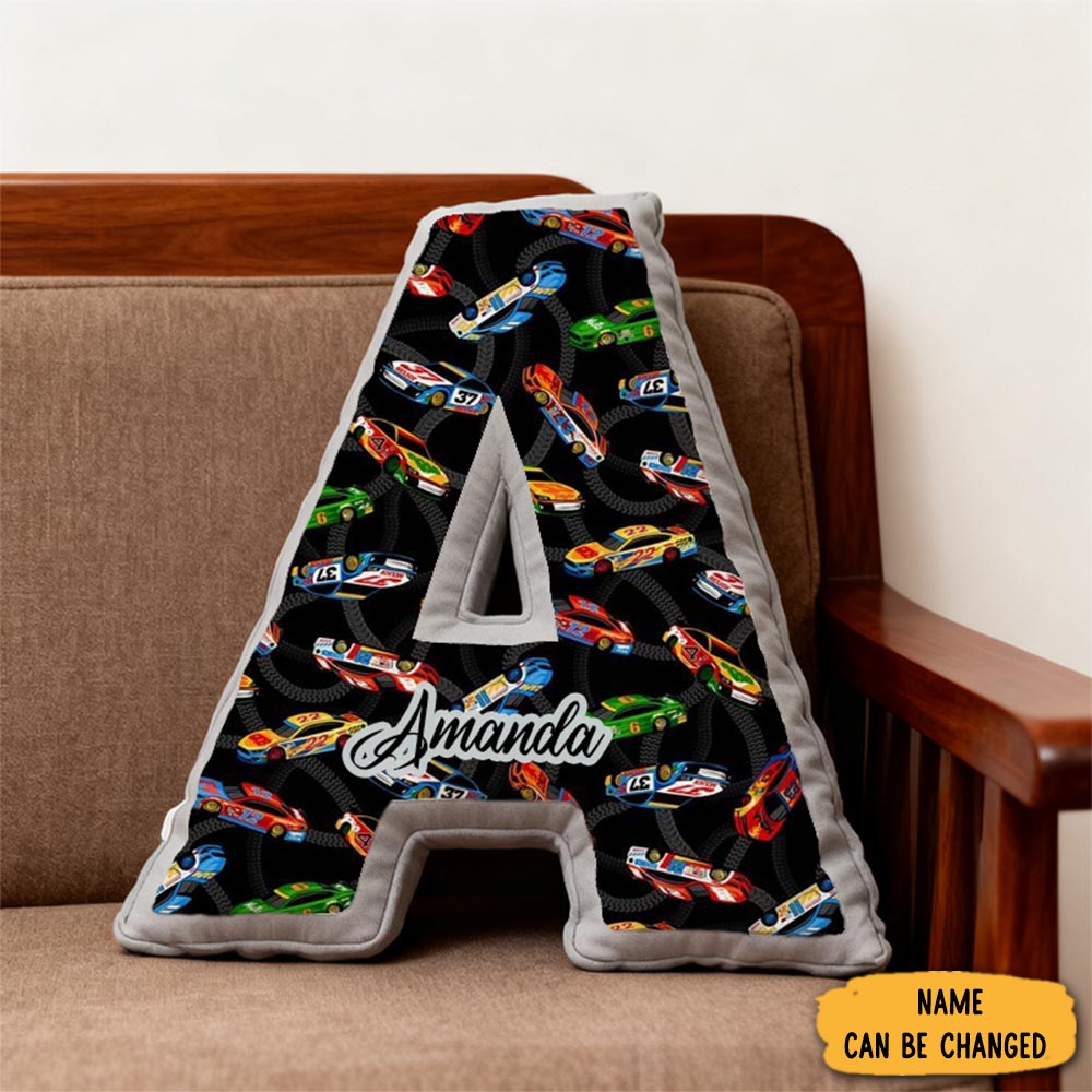 Personalized Race Car Initial Pillow Custom Name Cushion Gift For Car Enthusiasts