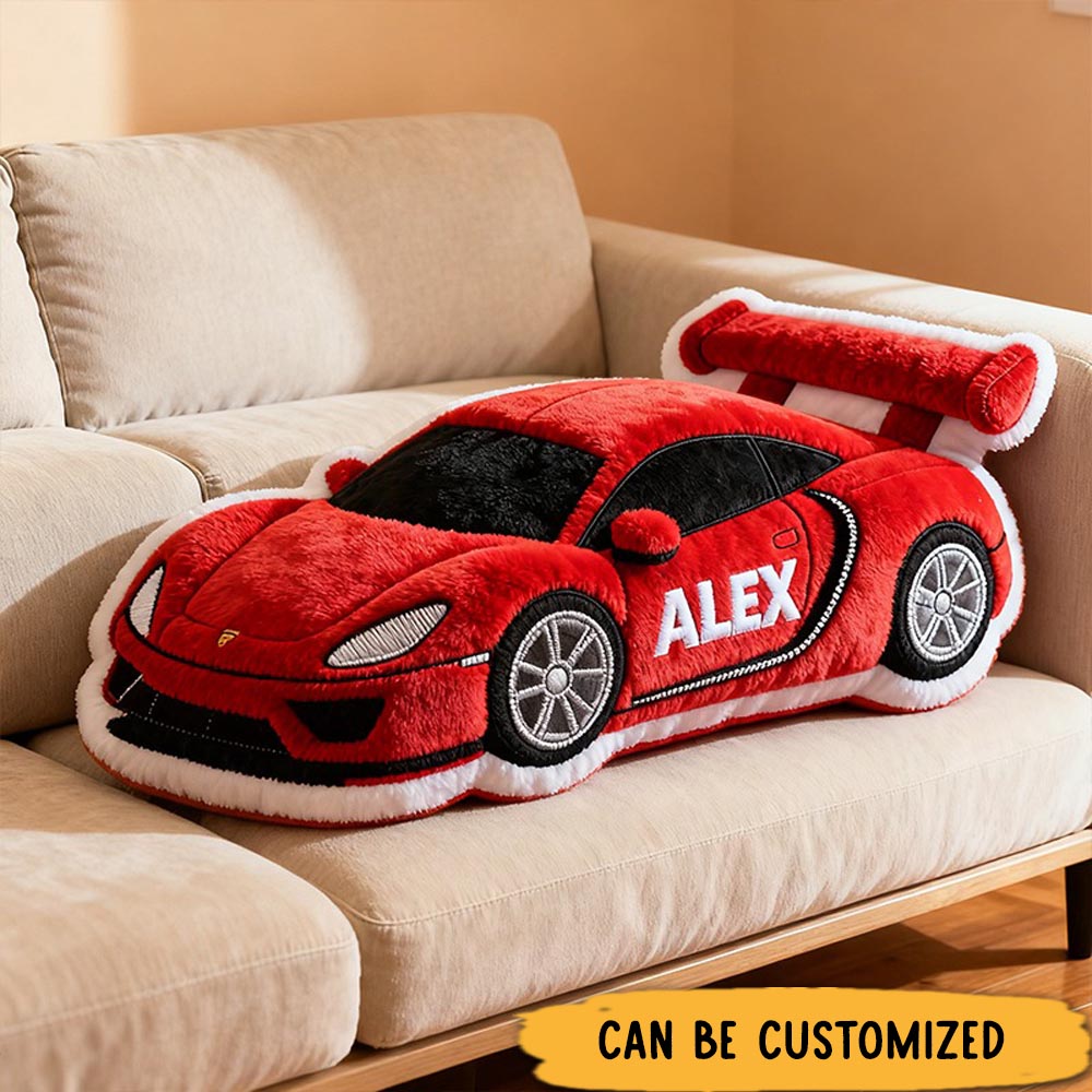 Personalized Race Car Shaped Pillow Custom Name Plush Cushion Choose Car Color 3D Graphic Print Gift for Racing Fans
