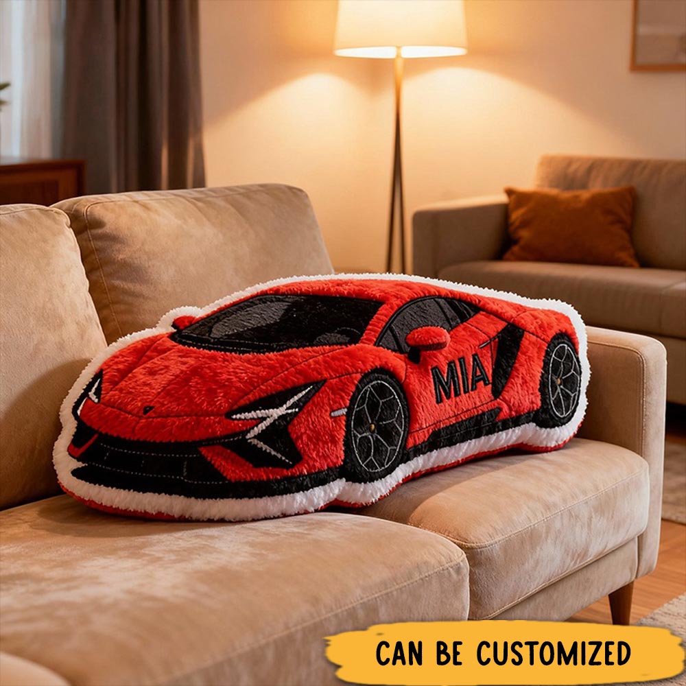 Personalized Race Car Shaped Pillow Custom Name Sports Car Plush Cushion Choose Color 3D Graphic Print Gift for Racing Fans