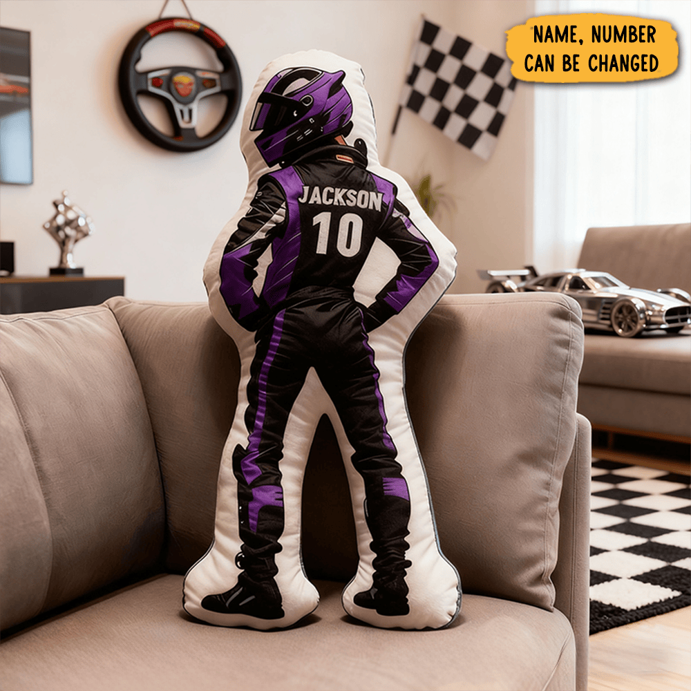 Personalized Racing Driver Shaped Pillow Custom Name And Number Race Suit Cushion Gift For Racing And Motorsport Lovers