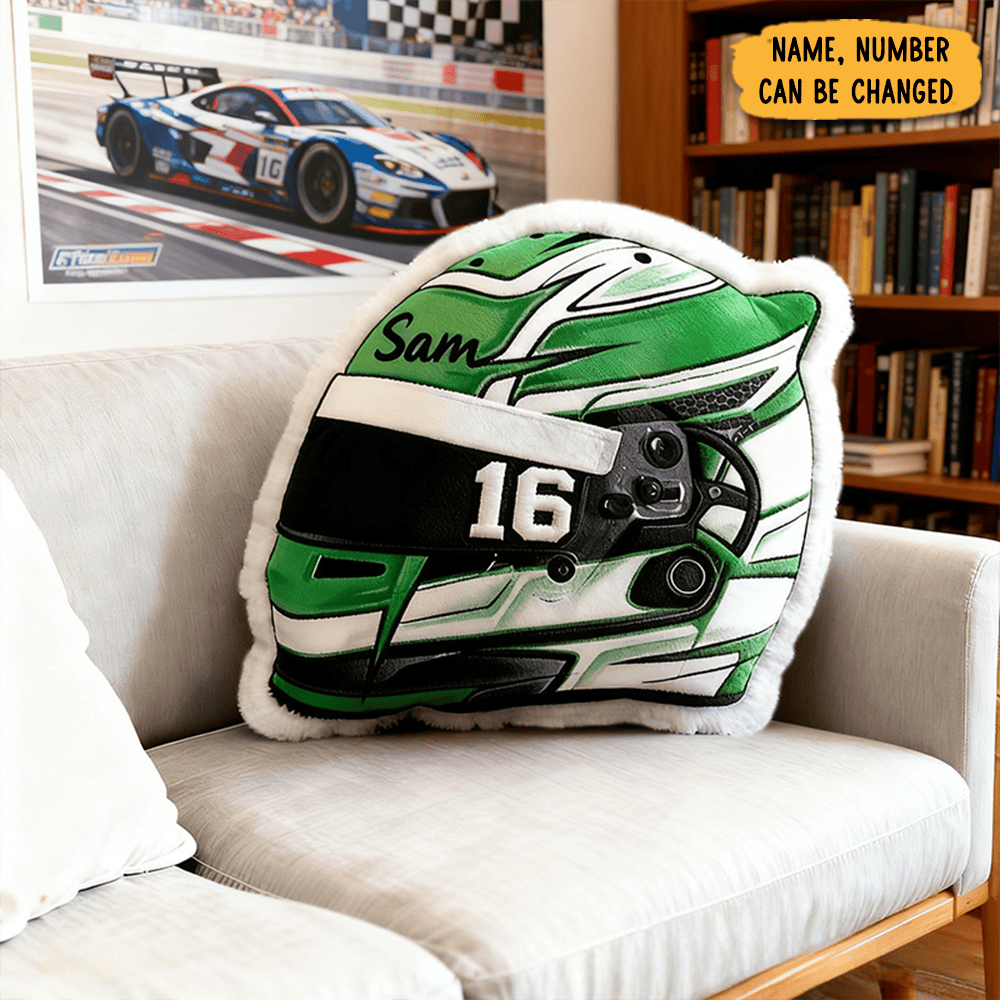 Personalized Racing Helmet Shaped Pillow Graphic 3d Print Custom Name Race Car Design Cushion Gift For Motorsports And Racing Lovers