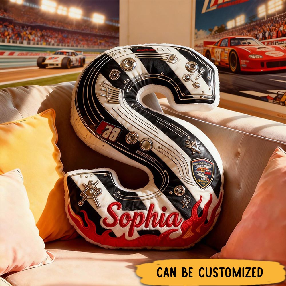 Personalized Racing Letter Pillow Custom Name Initial Shape Cushion Black and White Track Theme Car Decor 3D Graphic Print Gifts