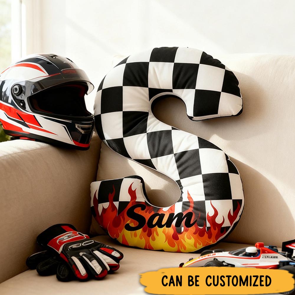 Personalized Racing Letter Throw Pillow Graphic 3D Print Custom Name Checkered and Flame Design Cushion Gift for Racers and Racing Lovers