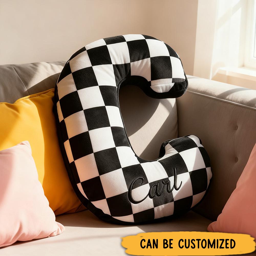 Personalized Racing Letter Throw Pillow Graphic 3D Print Custom Name Checkered Flag Cushion Gift for Racers and Racing Lovers