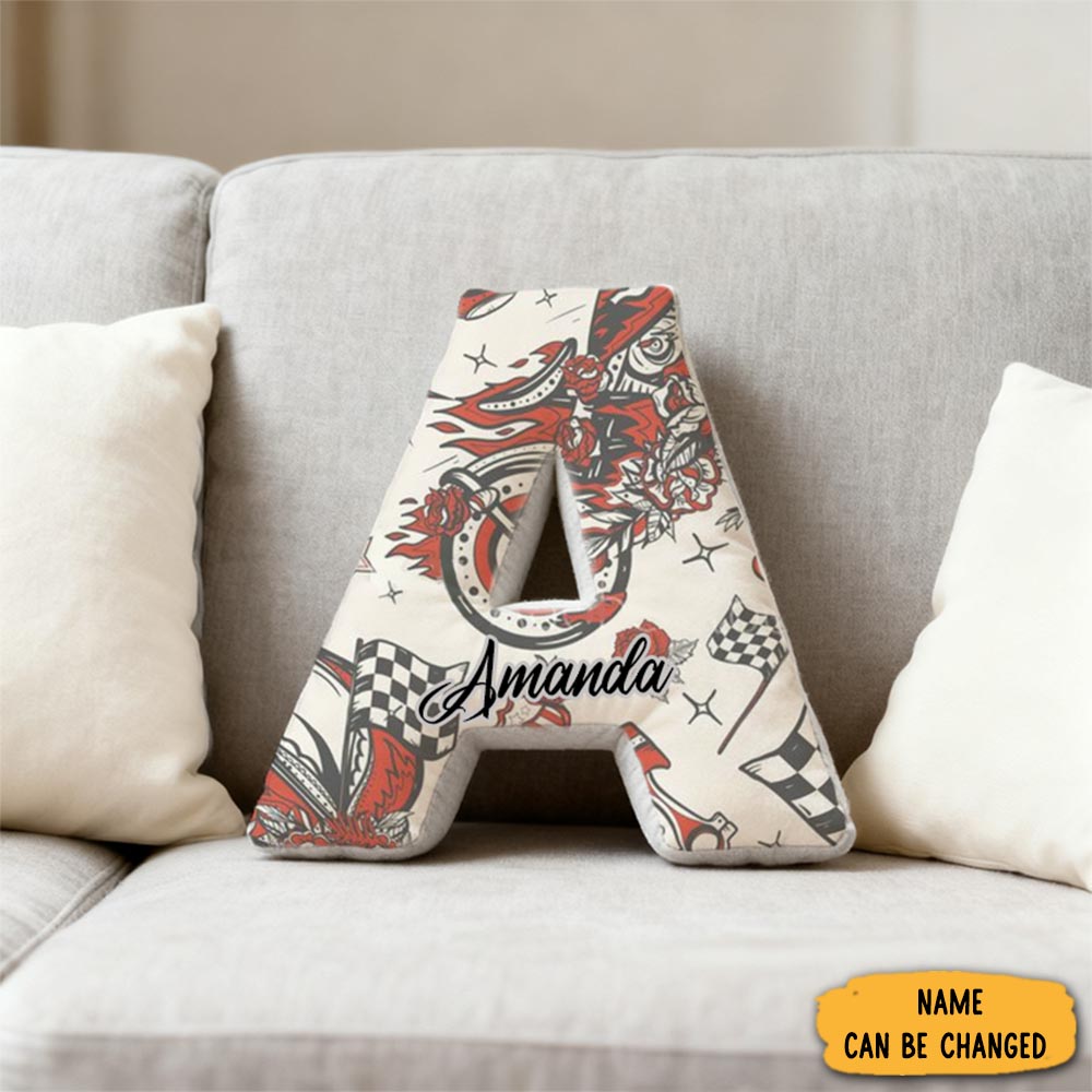 Personalized Racing Tattoo Inspired Initial Pillow Sofa Accent Gift For Motorsport Fans