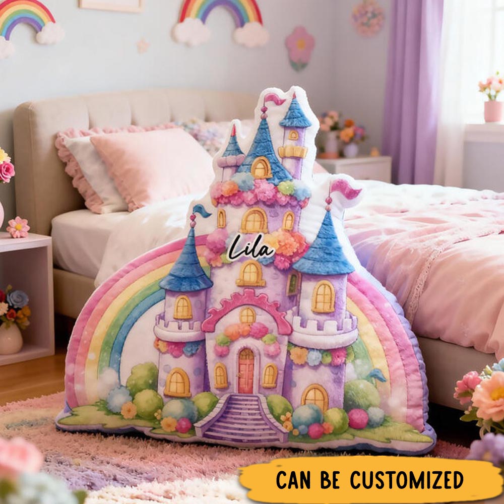 Personalized Rainbow Castle Name Custom Soft Decorative Gift Colorful Fairytale Style Cute Magical Dream Princess Cozy Bedroom Lovely Fantasy Playroom Graphic 3D Print Pillow