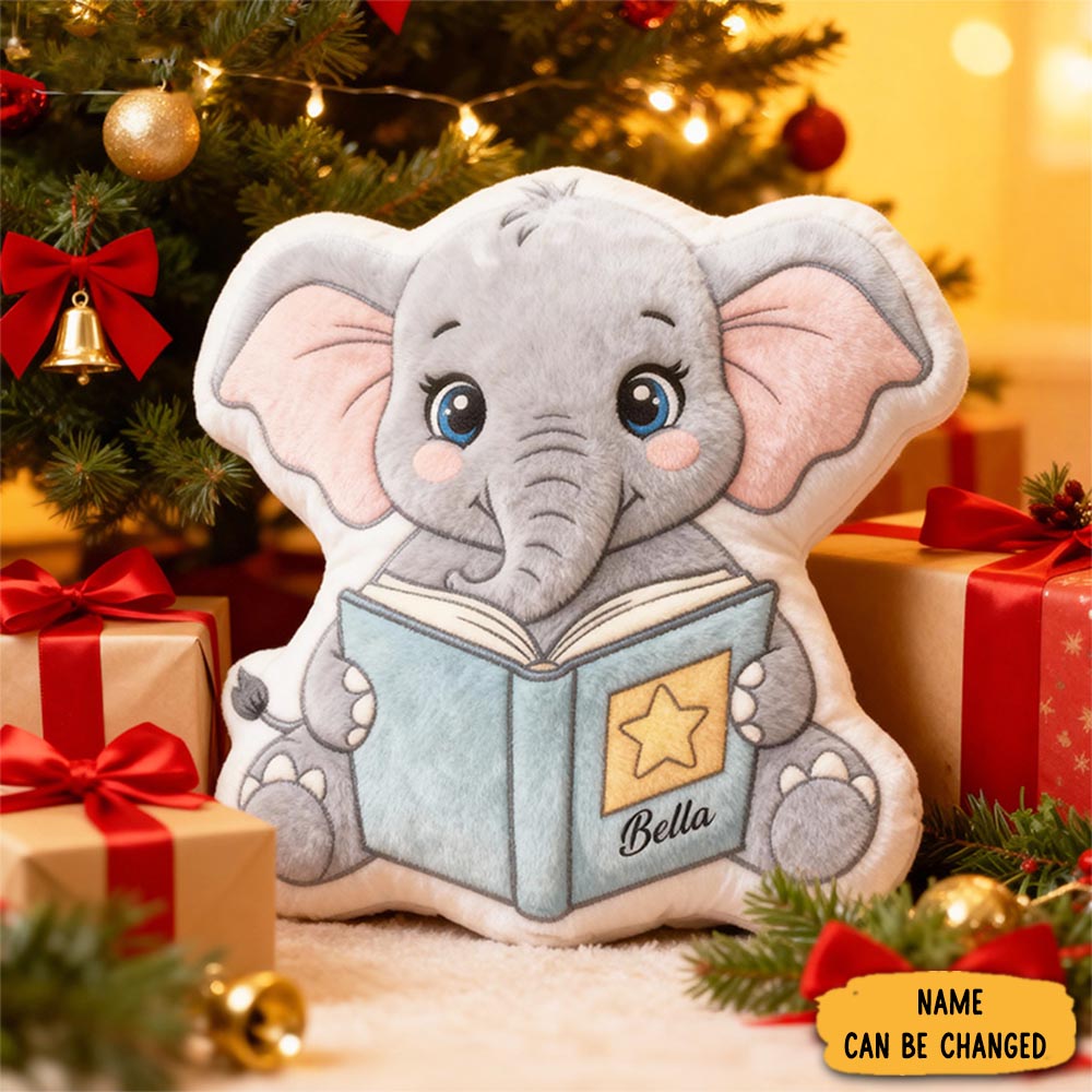 Personalized Reading Elephant Throw Pillow Animal Pillow Book Lover Gifts Birthday Gift