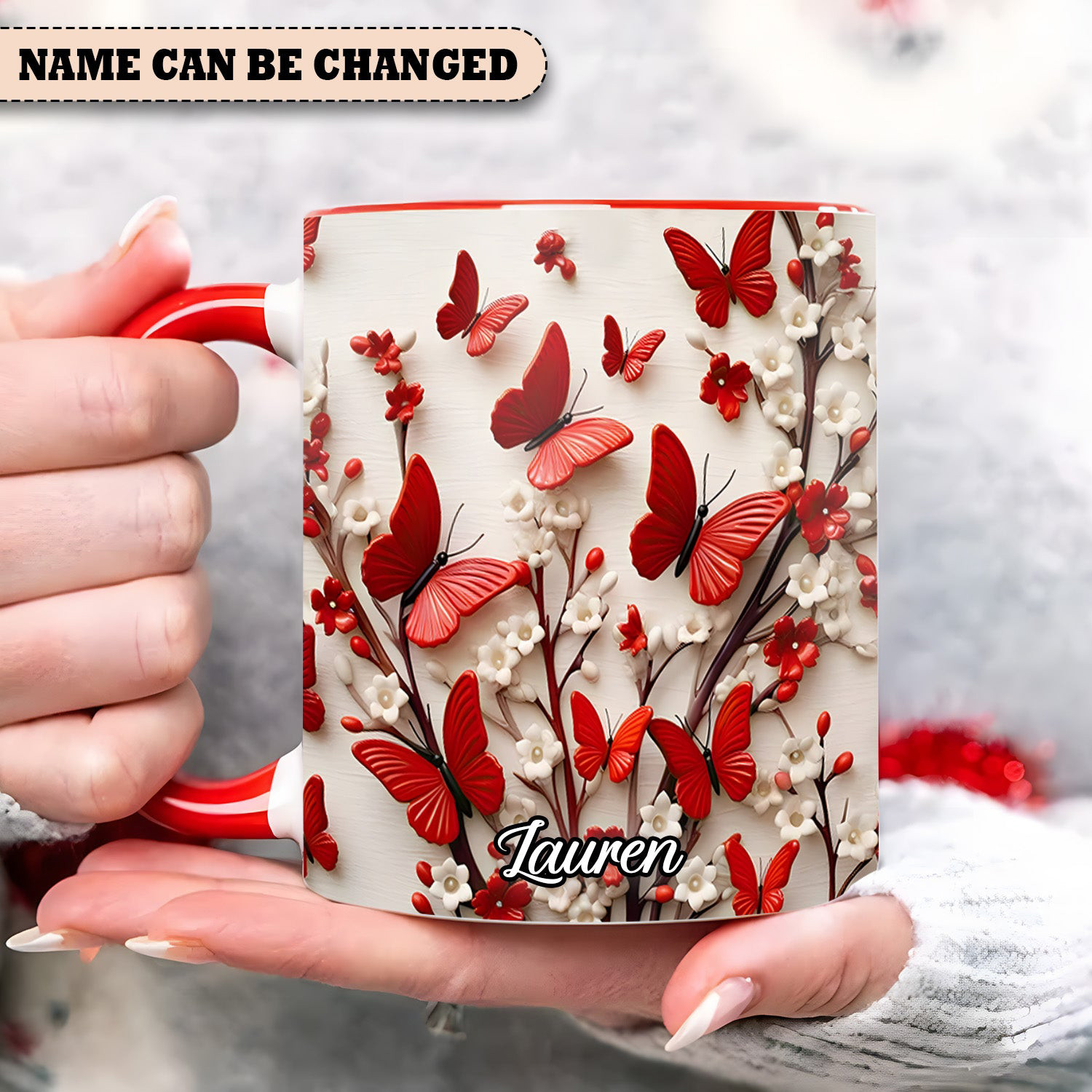 Personalized Red Butterfly And Flowers Mug Nature Themed Tea Mugs Gifts For Women