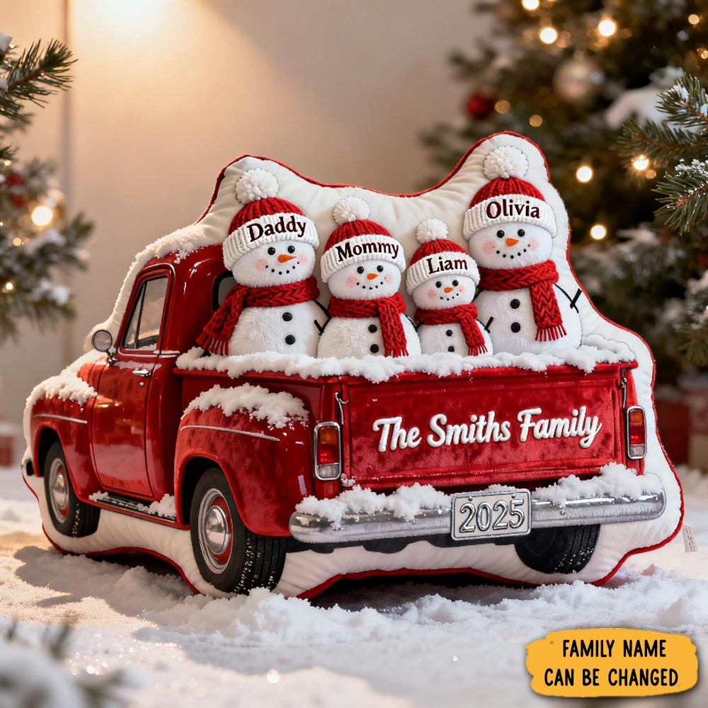 Personalized Red Truck Snowman Family Christmas Pillow Home Decor Snowman Lovers Xmas Gifts